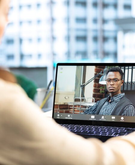 Female director discusses corporate social responsibility on videocall